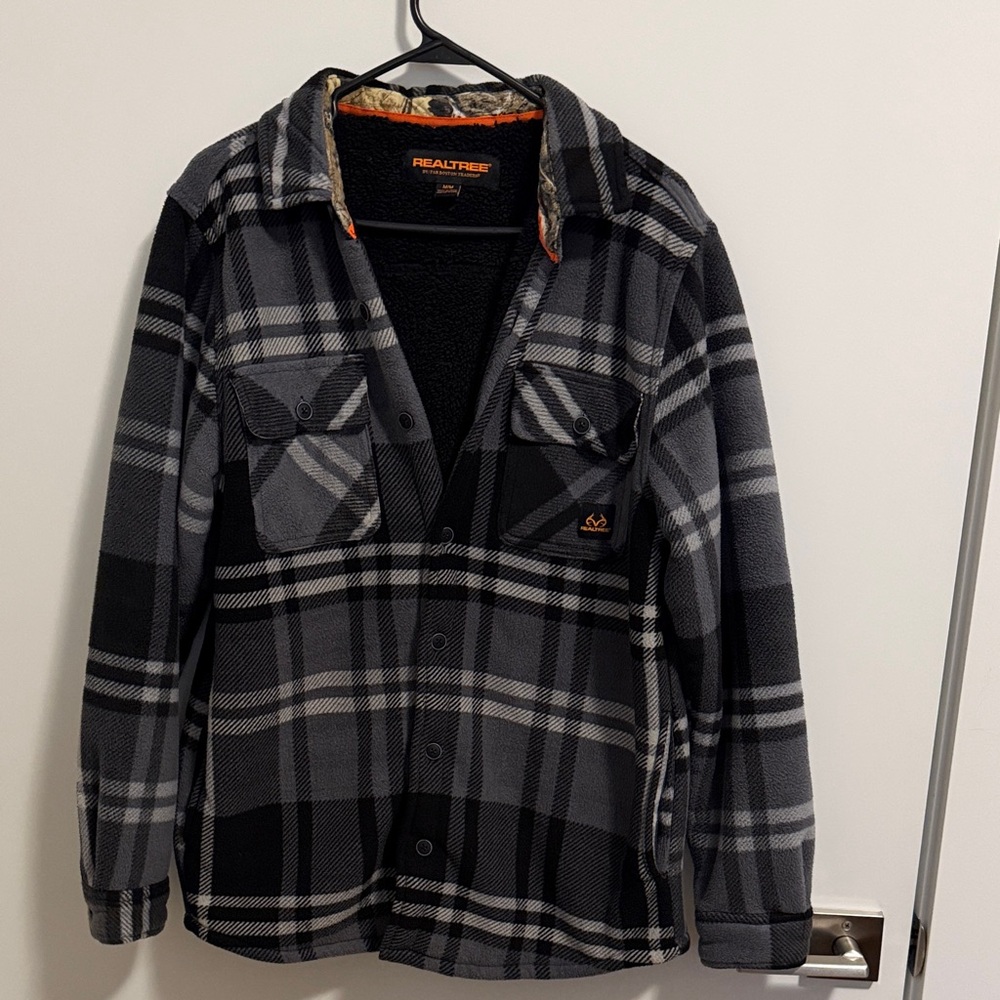 Realtree Black & Gray Plaid Sherpa Shirt Jacket